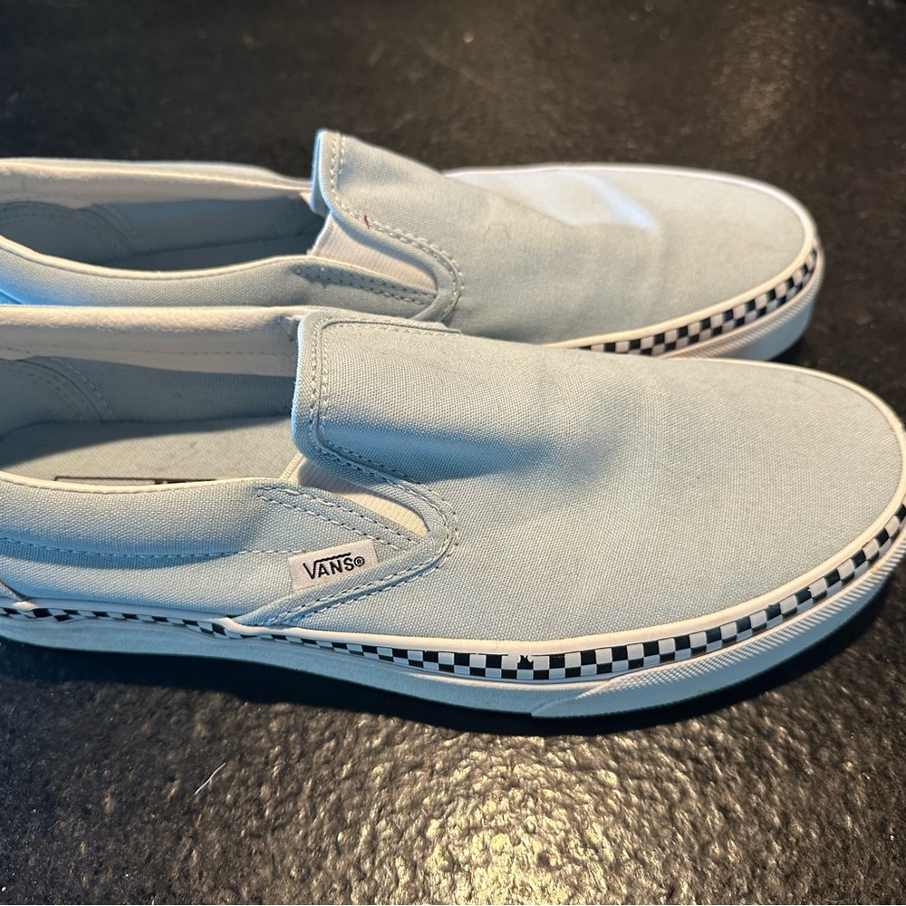 Vans Sky Blue Slip-On Shoes with Checkered Trim